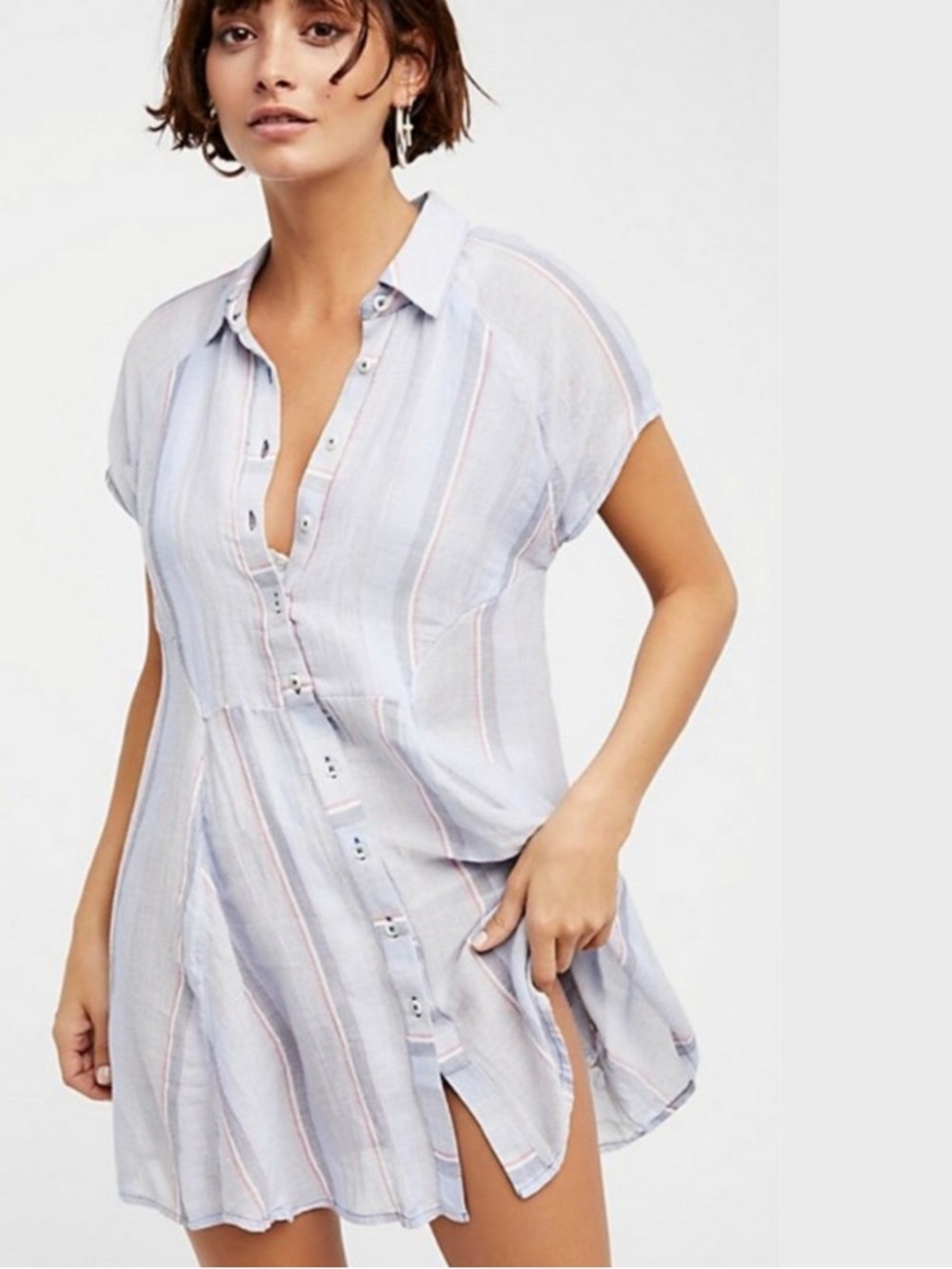 Free People New Spring Love Light Blue Striped Button-Front Shirt Dress